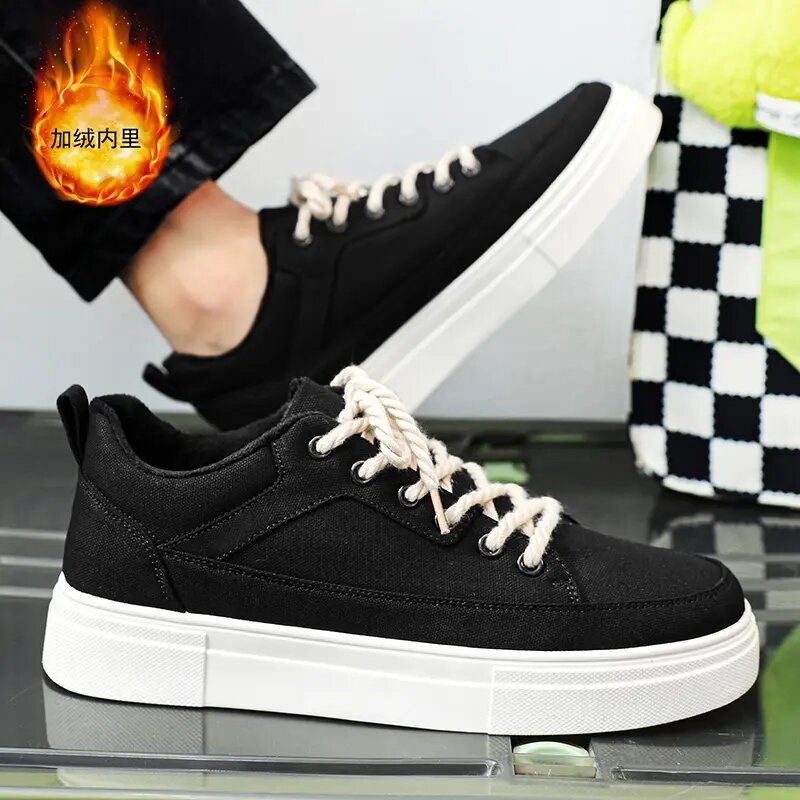 Autumn and Winter Low-top Plus Velvet Canvas Shoes Trendy Warm and Comfortable Men Sneakers Lace-up Student Outdoor Casual Shoes