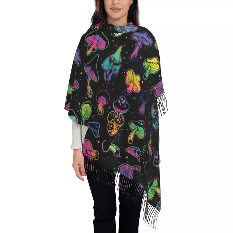 Психоделический шарф с магическими грибами, шарф для женщин, Длинная зимняя теплая шаль с кисточками, шарфы унисекс