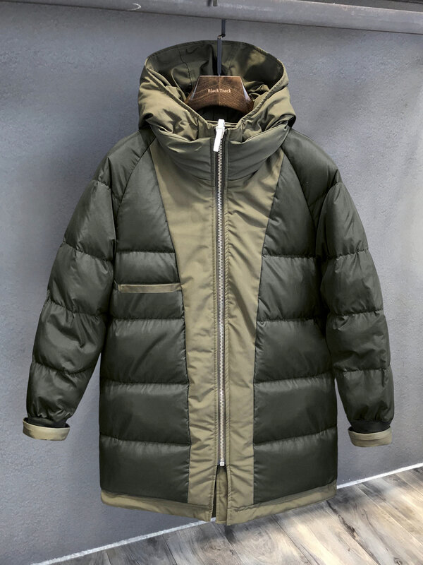 2023 겨울 남성 패션 후드 화이트 덕 다운 코트, 긴 카고 두꺼운 따뜻한 재킷, 남성 단색 다운 아우터, H495