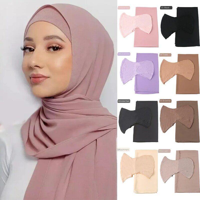 Conjunto de lenço hijab chiffon para mulheres, turbante islâmico, véu muçulmano, lenços Ramadã, xales femininos, gorro, moda