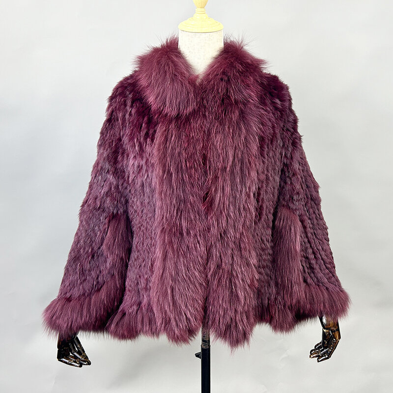 천연 토끼 모피 숄 코트, 여우 모피 칼라, 여성 패션 니트 재킷, 망토, 진짜 정품, 신제품
