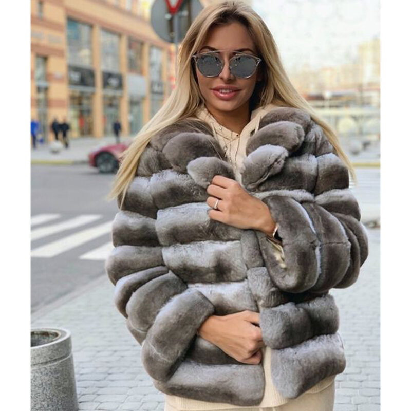 Womens Real Rex Rabbit Fur Jacket Chinchilla Colour Coat Luxury Short Natural Rabbit Fur Coats With Lapel 2023