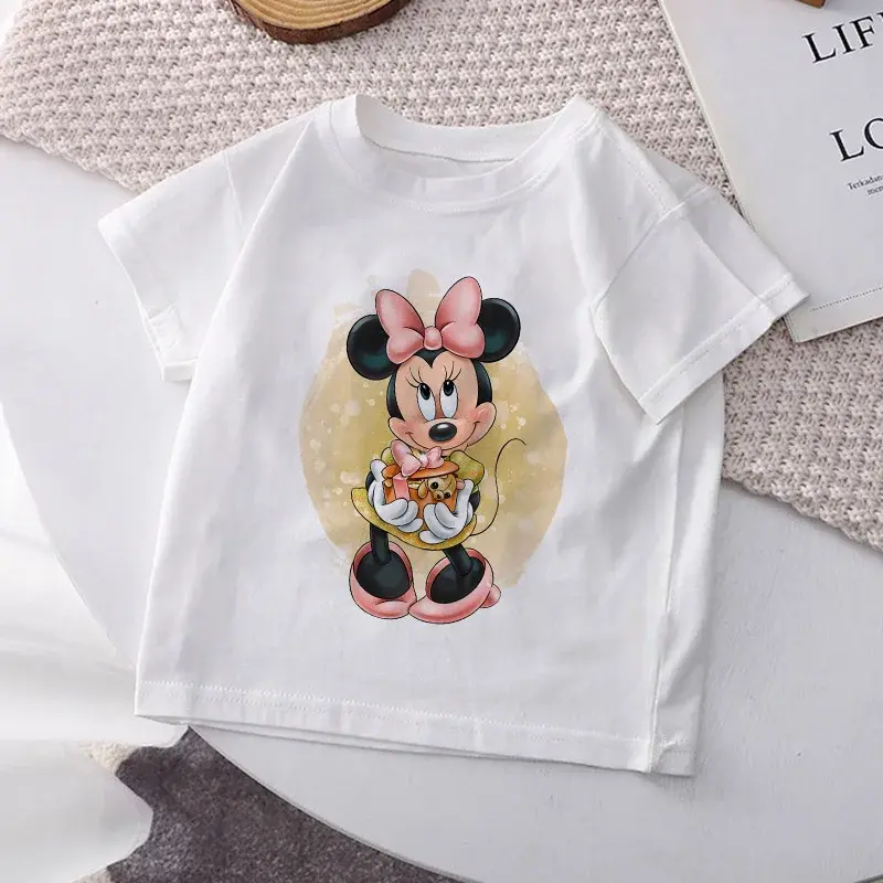 Camiseta de Disney para niños, camisetas Kawaii de Mickey y Minnie, ropa informal de dibujos animados para niñas, Tops de manga corta para niños