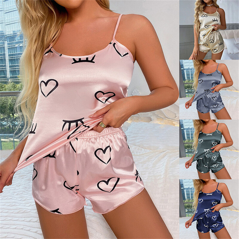 Heart Print Women's Pajama Set 2 Pieces Sexy Silk Satin Sleepwear Sleeveless Tops Shorts Comfortable Home Clothing Nightwear