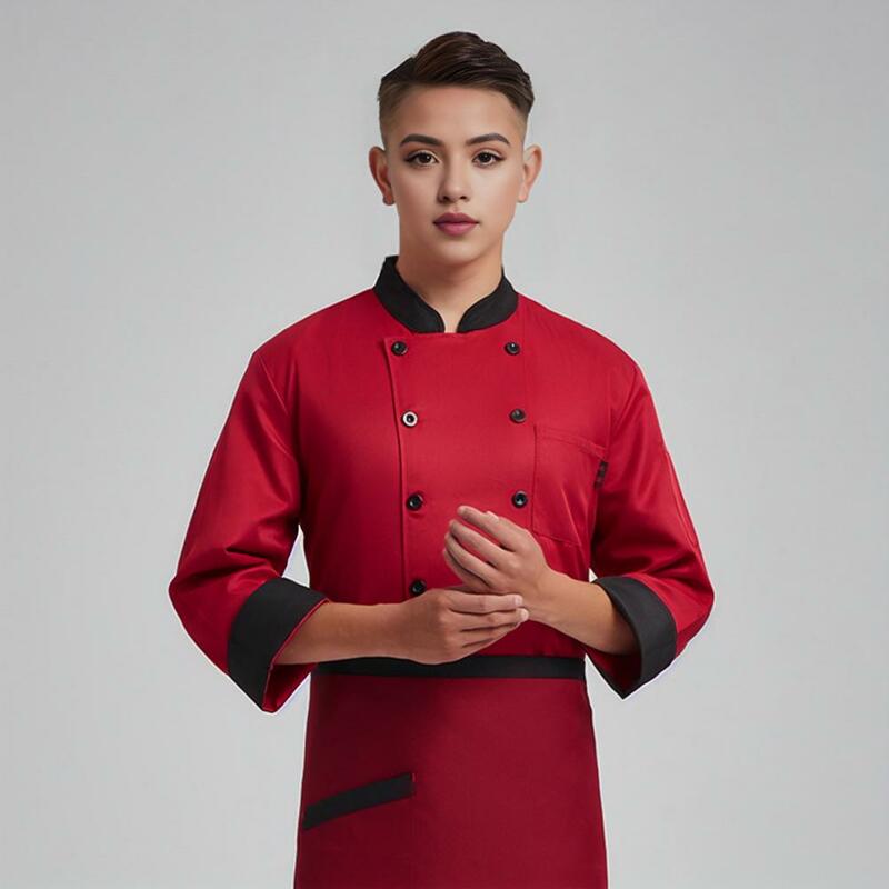 Unisex Chef uniforme conjunto com bolsos no peito, manga comprida, trespassado duplo para comida, profissional, cozinha, padaria