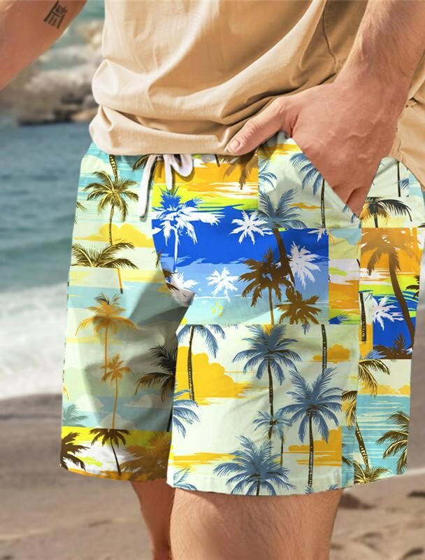 Pantalones cortos con estampado Tropical de palmera para hombre, bañadores hawaianos con cordón, cómodos y transpirables, para vacaciones
