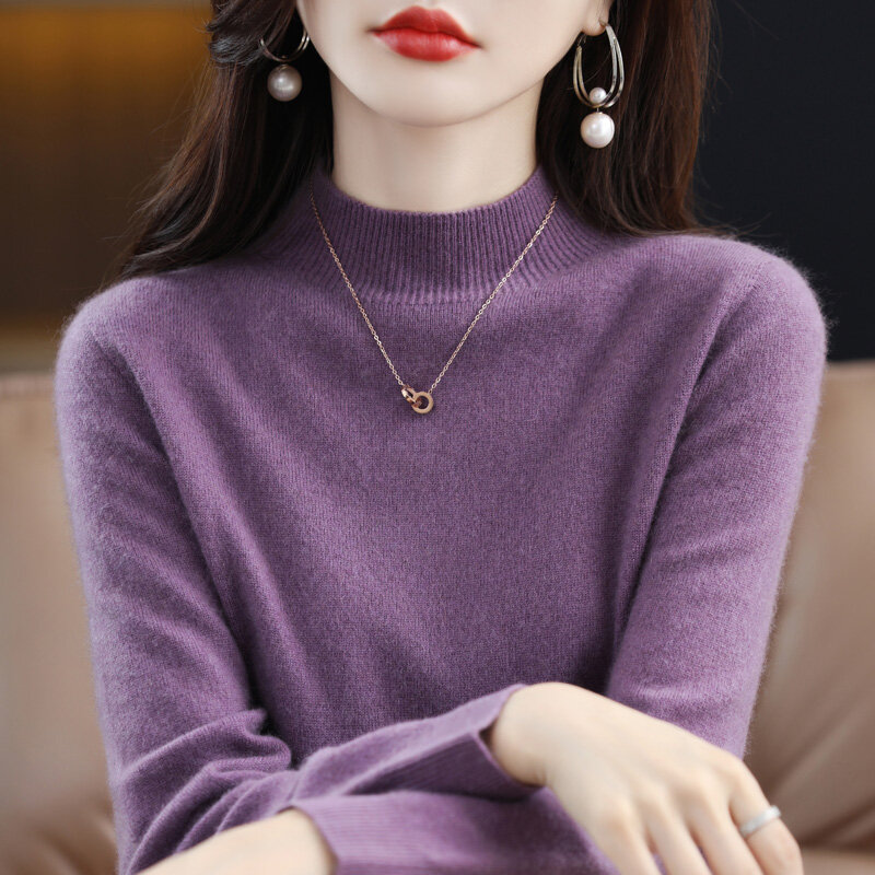 Suéter de Cachemira de lana merina para mujer, Jersey de punto de manga larga de cuello alto, ropa cálida para otoño e invierno, 100%