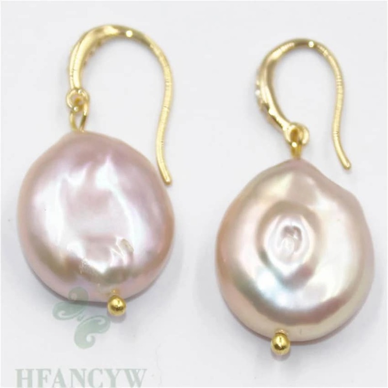 Freshwater Pink Flat Baroque Pearl Earrings 18k Hook Crystal Beaded Minimalist Men Women Unisex Wedding Diamond Hoop Anniversary