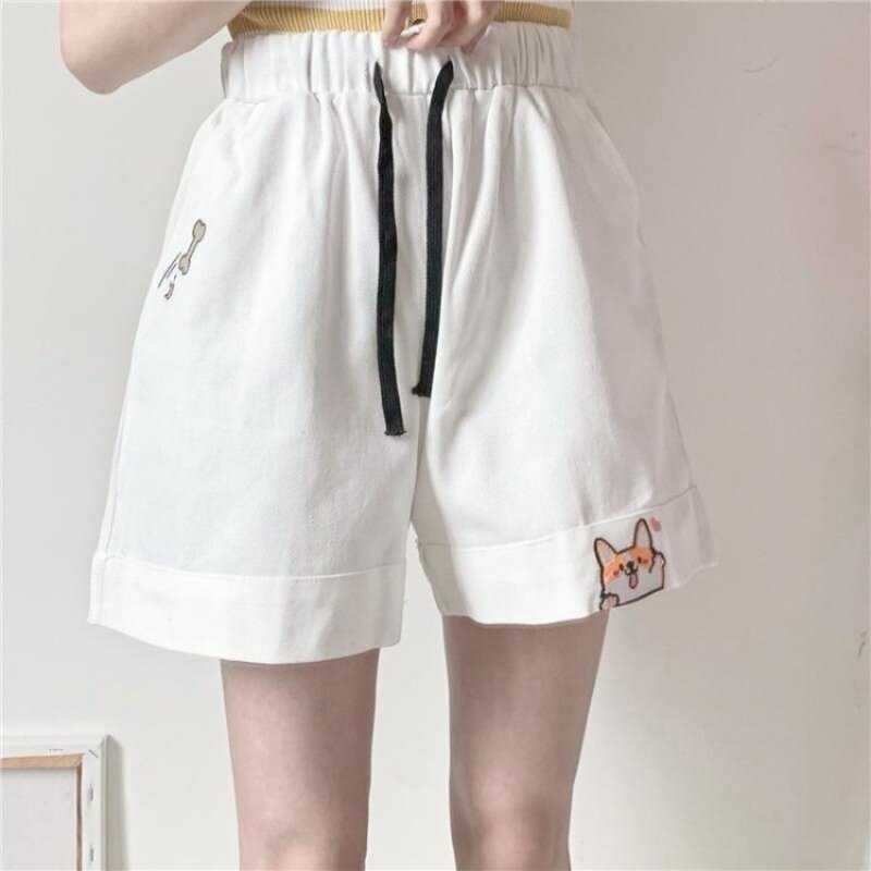 กางเกงเอวสูงกางเกงยีนส์คาวาอิทรงหลวมปักลายสตรอเบอร์รี่สำหรับผู้หญิง celana pendek DENIM เด็กผู้หญิง2024