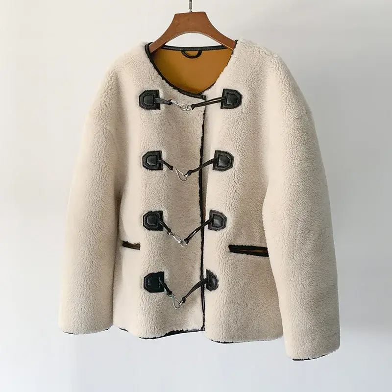 Jaqueta feminina de pele sintética emendada com o pescoço, bolsos de peito único, casacos quentes soltos casuais, outono e inverno