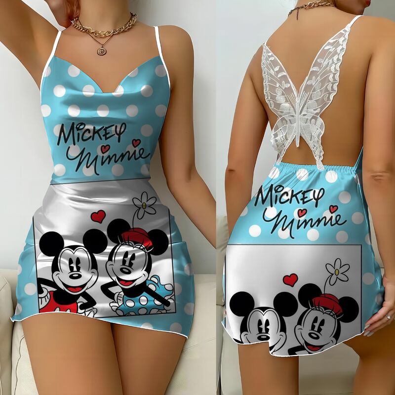Disney Backless gaun piyama rok Mickey Minnie Mouse gaun wanita pita kupu-kupu permukaan Satin mode Musim Panas 2024 pesta Mini seksi