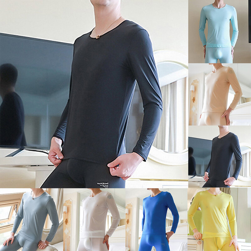 Sexy Men Thermal Underwear Ice Silk Seamless Tops Thin Super Soft T-Shirt Solid Elasticity Nightwear Breath Autumn Pajamas