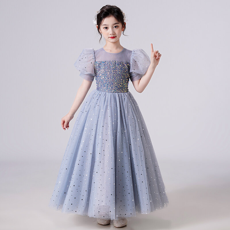 Gaun untuk Anak Perempuan Gaun Putri Musim Panas Lengan Puff Berpayet Panjang Pergelangan Kaki Jala Bunga Anak Perempuan Pernikahan Satu Potong untuk Pesta Malam