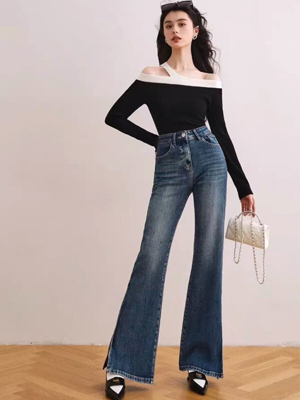 Getäfelte Pullover Frauen Herbst schulter frei Streetwear einfaches Design sanfte weibliche Strickkleid ung schlanke Vintage Büro mode