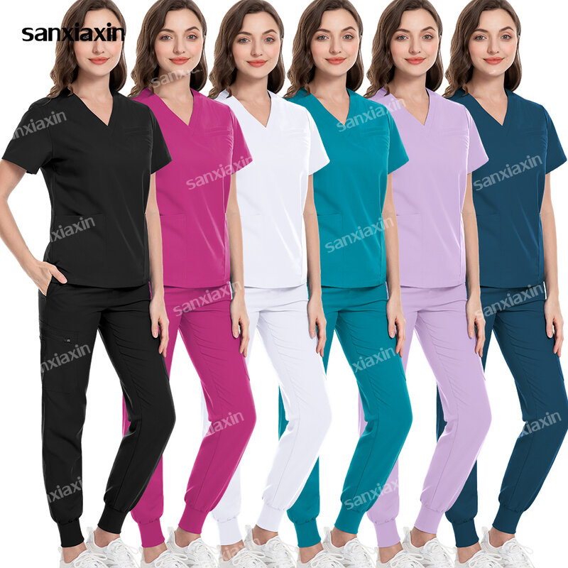 여러 가지 빛깔의 조거 세트, 의료 진료복, 의사 간호사 간호 유니폼, 반팔 상의, 포켓 바지, 뷰티 스파 유니폼