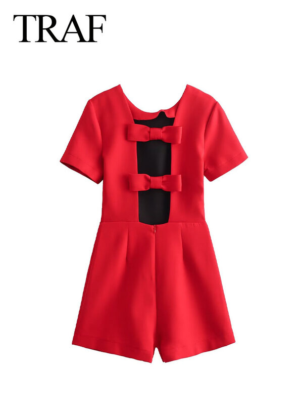 TRAF-Macacão casual sólido feminino, manga curta, moda com decote em O vermelho, arco oco de costas, macacão vintage de rua, verão