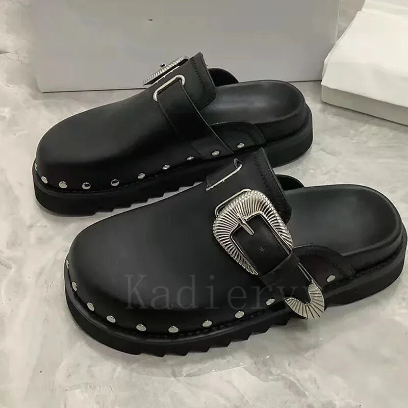 Punk Rock Rivets Black Thick Sole Genuine Leather Metal Decoration Flat Summer Slides Modern Creative Fittings Slippers Women
