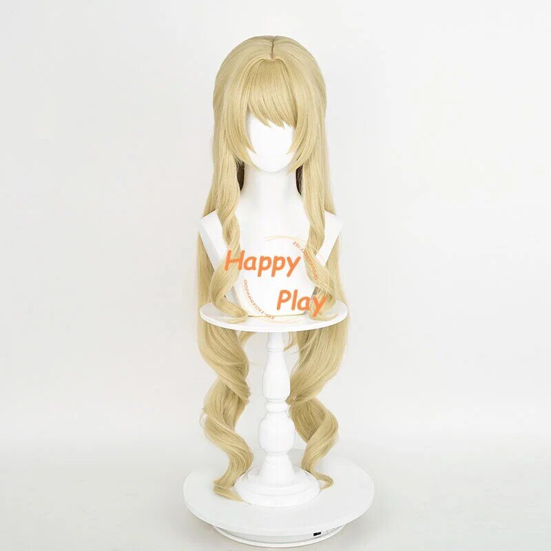 Fontaine-Peluca de Cosplay Navia para mujer, pelo largo y rizado de lino dorado, pelucas de Anime sintéticas resistentes al calor, gorro de peluca, 95cm