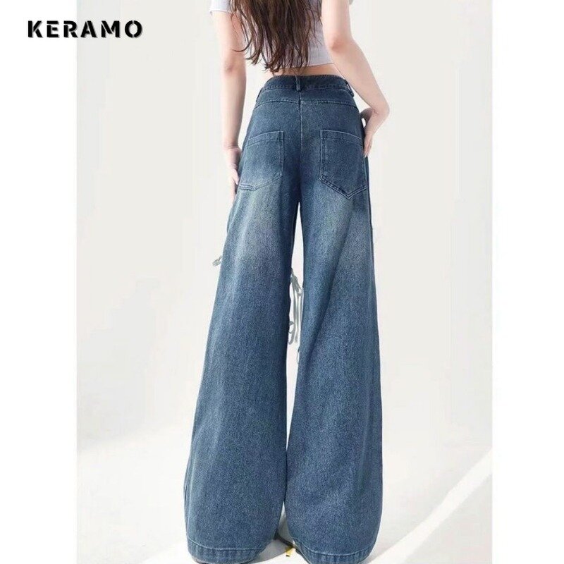 Calça casual rasgada feminina, perna larga sexy, calça jeans folgada, rua alta, renda retrô, moda feminina na moda, anos 2000, Y2K
