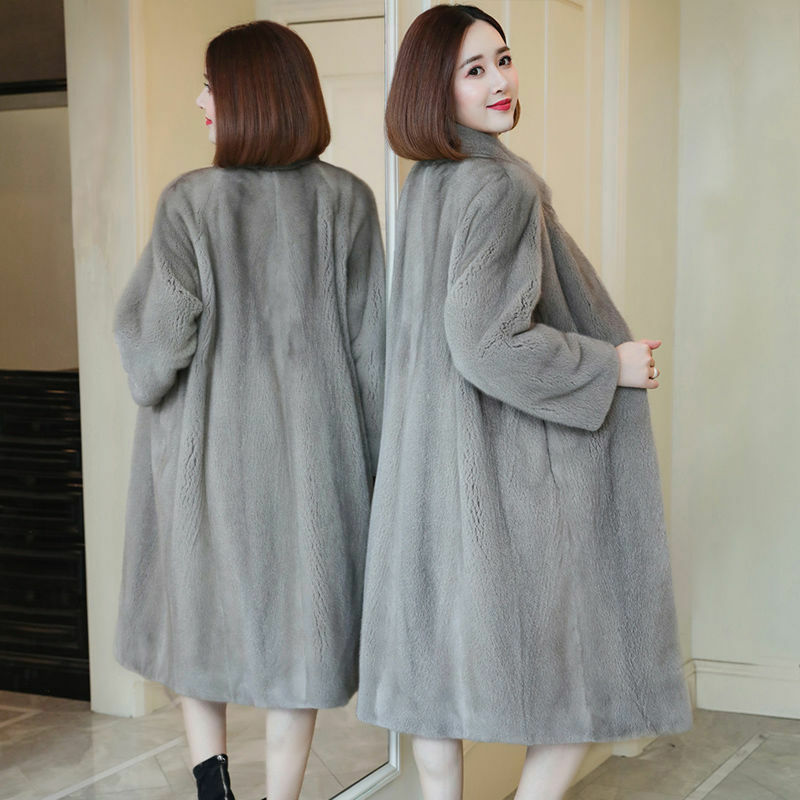Imitation Mink Fur Winter Jacket Women Vintage Plus Size Long Faur Collar Coat Windproof Thick Stand Collar Loose Overcoat M-5XL