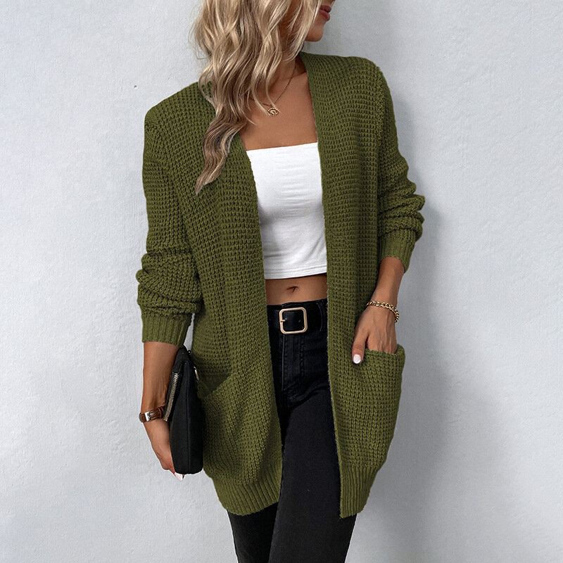 Women Autumn and Winter New V-Neck Cardigan Sweater Solid Color Pockets Splicing  Mid-length Long Sleeves Coat