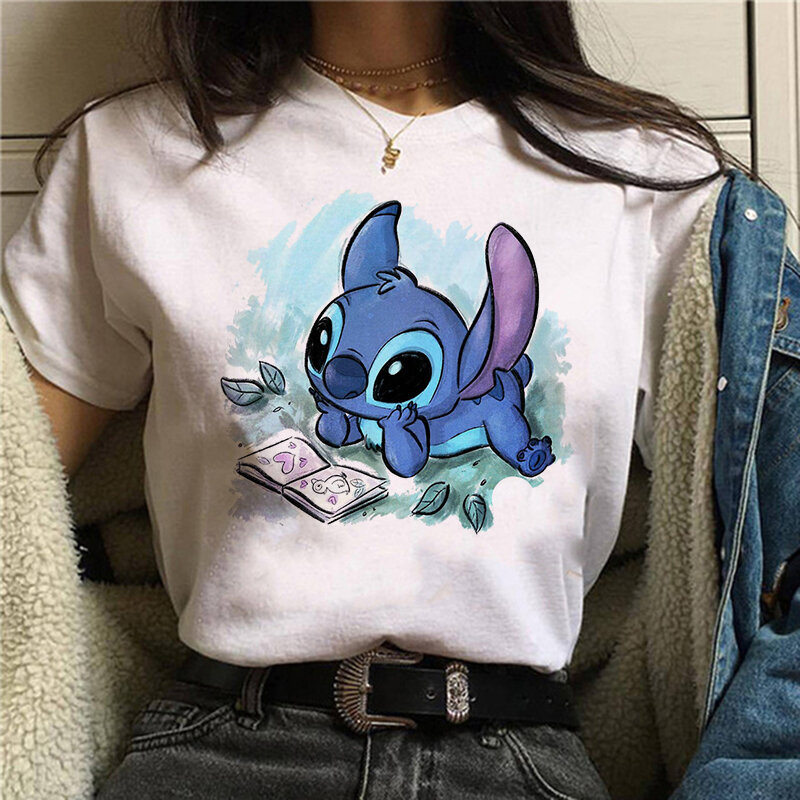 Disney-Camiseta Feminina Lilo e Stitch Cartoon, Camiseta Gráfica Engraçada, Top Feminino de Streetwear, Roupas Femininas, Camiseta
