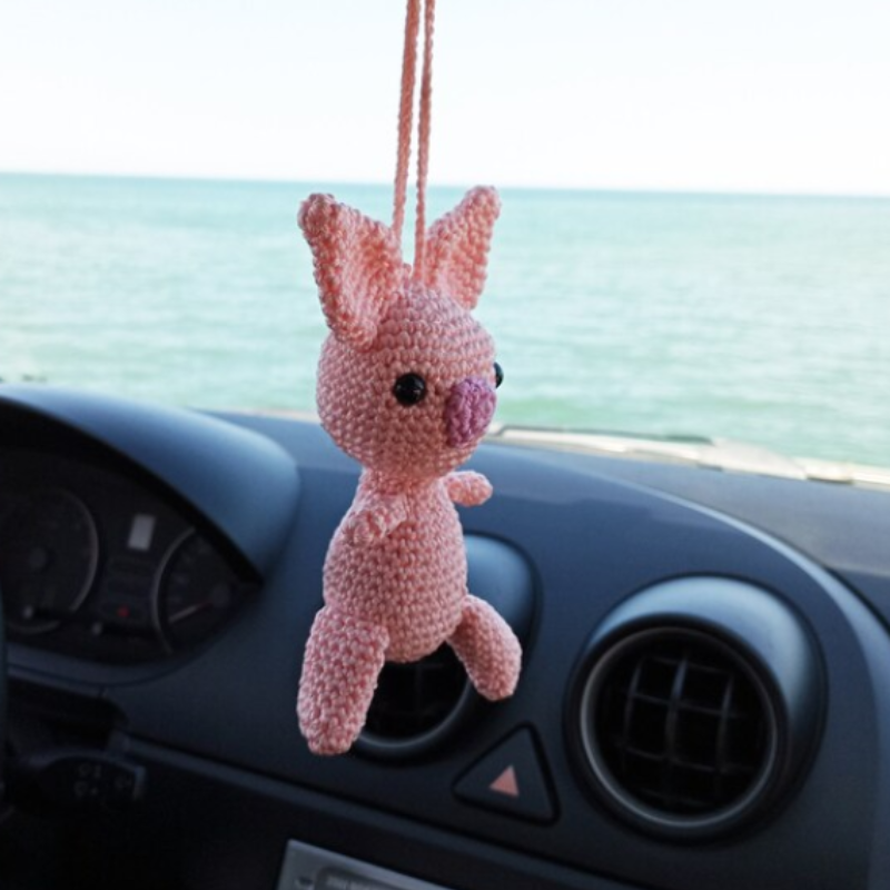 Funny Dancing Pig Crochet Car Mirror, Hanging Accessories for Women Teens Interior Rear View Mirror, Animal Charm Decor