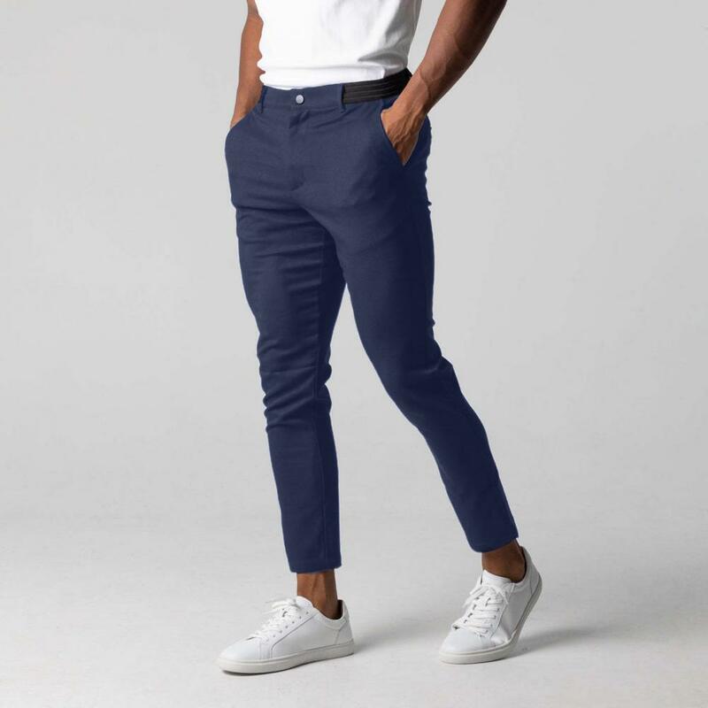 Pantalones de Color sólido para hombre, pantalones formales de negocios con cintura elástica, botón, cierre de cremallera, bolsillos, Color sólido, suave