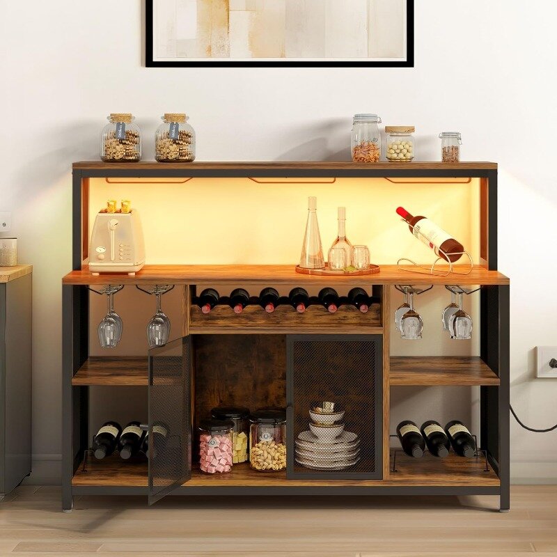 YITAHOME-Armoire à café et à vin avec lumière LED, français ou armoire avec rangement pour la maison, armoire de planche industrielle, table de bar de 55"