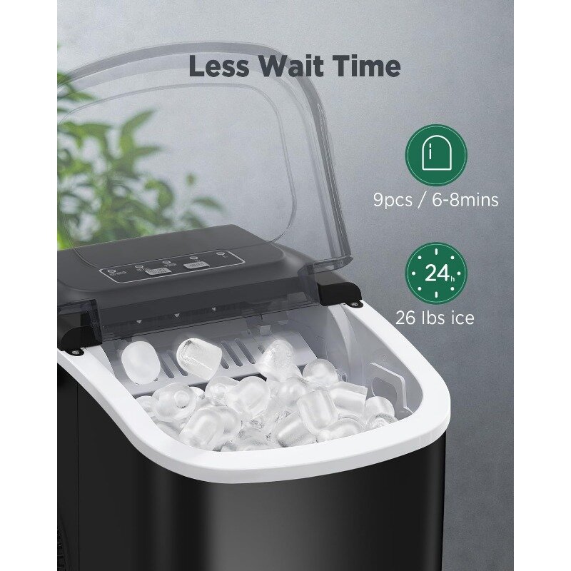 Silon Countertop Ice Maker, Máquina de auto-limpeza com gelo colher e cesta, 9 Cubos Pronto em 6 Mins, 26lbs em 24Hrs
