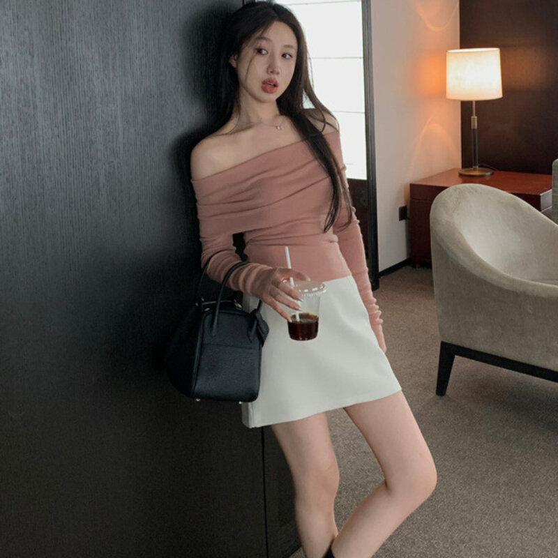 Solid Pullovers Women Spring Girls Simple Pleated Korean Fashion Off Shoulder Skinny Designed All-match Causal Temperament Chic