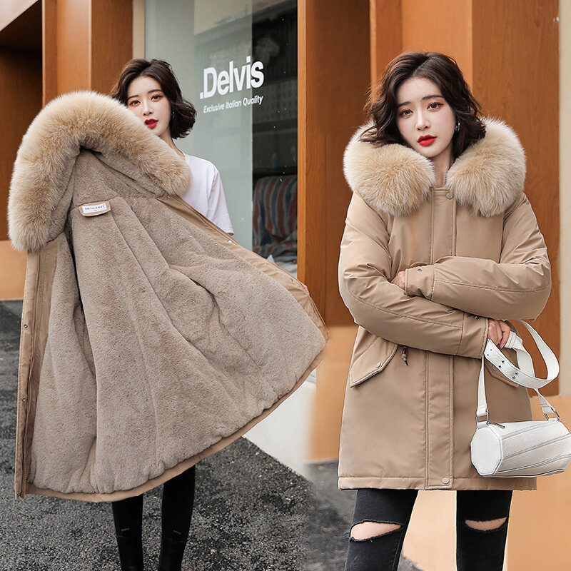 Nouvelle veste d'hiver à capuche pour femme, Parka chaude, décontractée, longue, doublure épaisse en fourrure, 2022