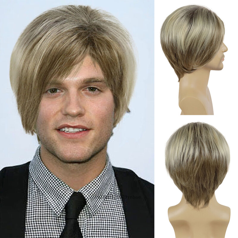 Mens Brown Mix Blonde Wig Synthetic Hair Short Straight Wigs with Side Bangs for Male Natural Daily Cosplay Wear Heat Resistant