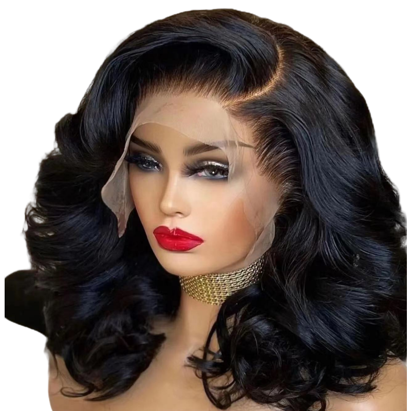 Peluca de cabello humano con encaje frontal para mujer, pelo rizado, suave, HD, negro claro, ondas grandes, sintético
