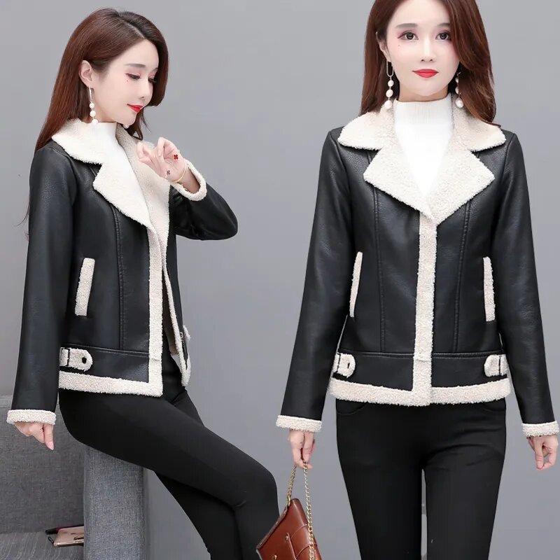 2022 autunno inverno versione coreana giacca in pelle da donna aggiungi capelli fini caldi femminili Slim Short Outwear Biker Ladies cappotti in pelle
