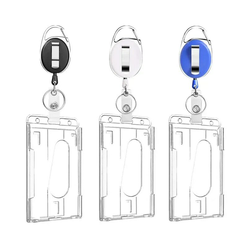 Porte-badge double vertical avec fentes pour le pouce, étui de protection transparent rigide avec badge rétractable, 2 cartes, 1PC