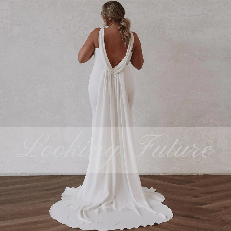Deep V Neck Crepe Detachable Train Mermaid Wedding Dress For Woman 2024 Plain Sleeveless Elegant Open Back Simple Bridal Gowns