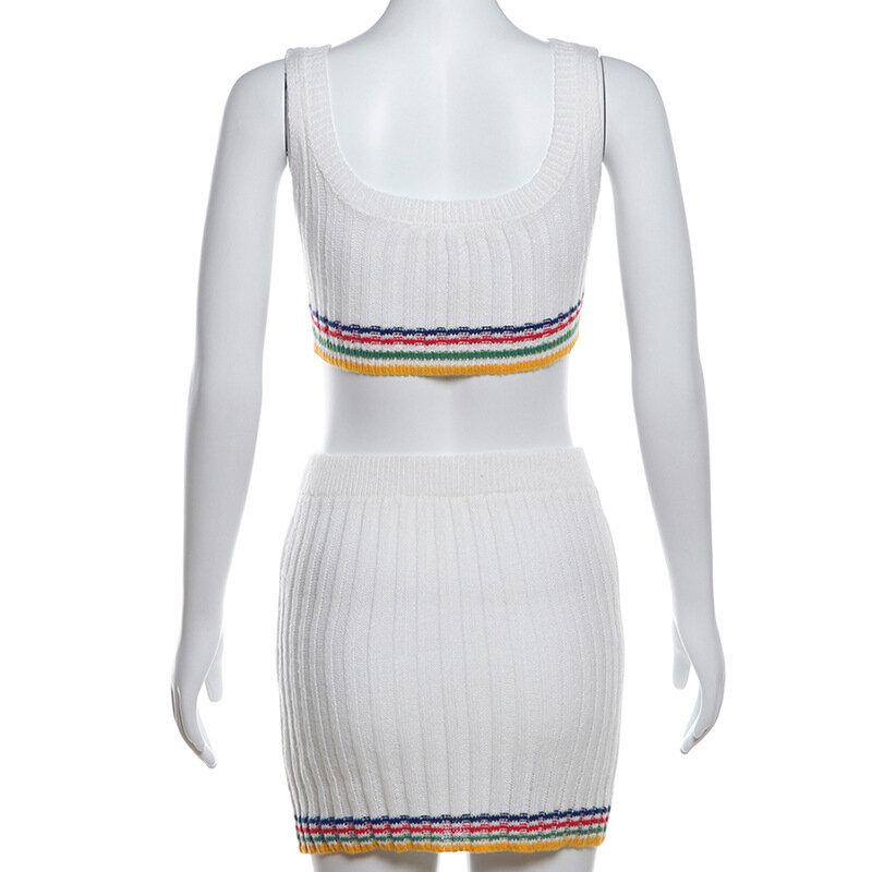Женский трикотажный комплект из 2 предметов, белый комплект в разноцветную полоску в стиле пэчворк, летний кроп-топ и мини-юбка, подходящая одежда для ночного клуба