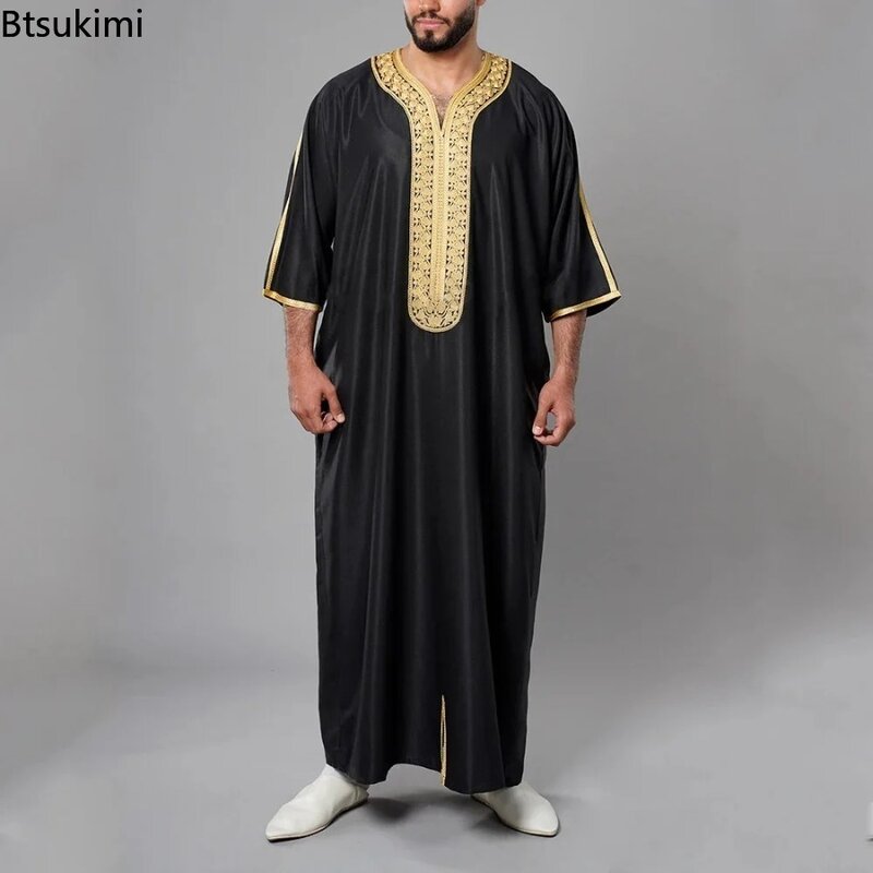 Jubba Thobe masculino, gola com estante árabe saudita, roupa longa modesta, roupa islâmica, Dubai Turquia, casual solta Abaya, moda muçulmana, 2024