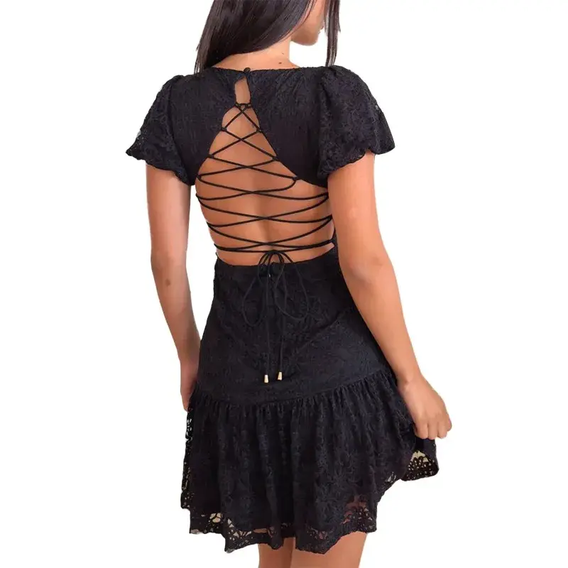 Fashion Women's Lace Dress Short Sleeved Square Neck Casual Party Spring/summer A-line Dress Sexy Spicy Girl Short Skirt YDL49