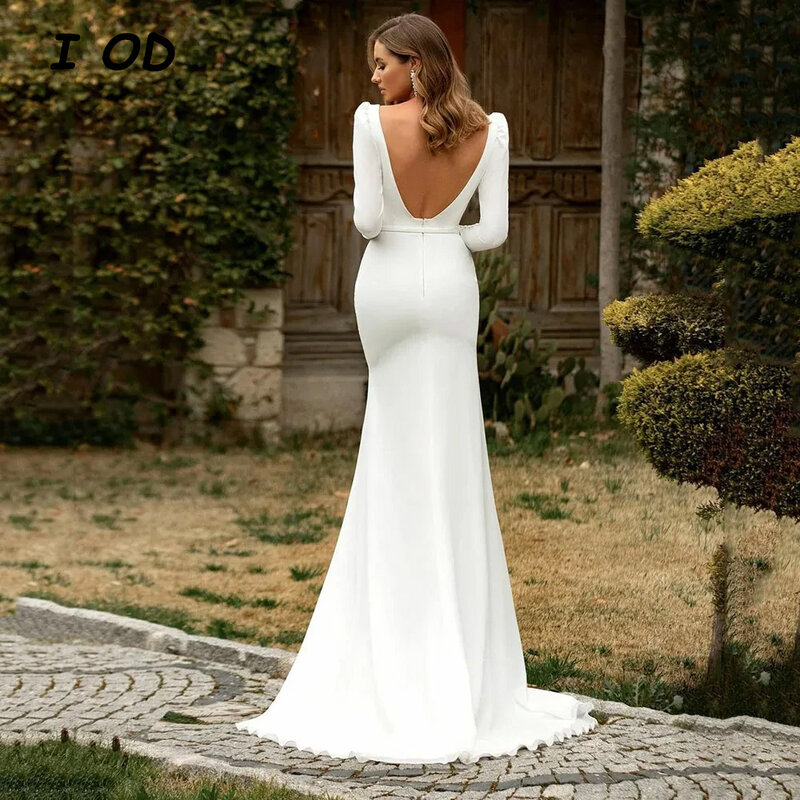 I OD Elegant Mermaid Wedding Dress Square Collar Long Sleeves Backless Floor Length Bridal Gown Custom Made Vestidos De Novia