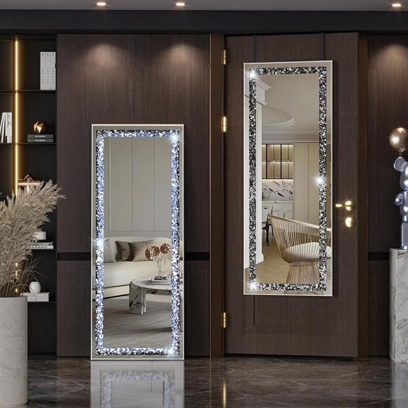 Espejos de 47 "x 18" de longitud completa con luces y cristal de diamante aplastado, espejo de puerta de cuerpo completo, espejo de tocador largo negro