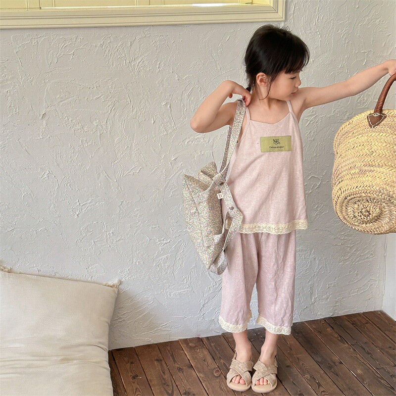 2024 Summer New Girls Sleeveless Sling Vest + Shorts 2pcs Suit Thin Baby Home Clothing Set Children Cotton Breathable Outfits