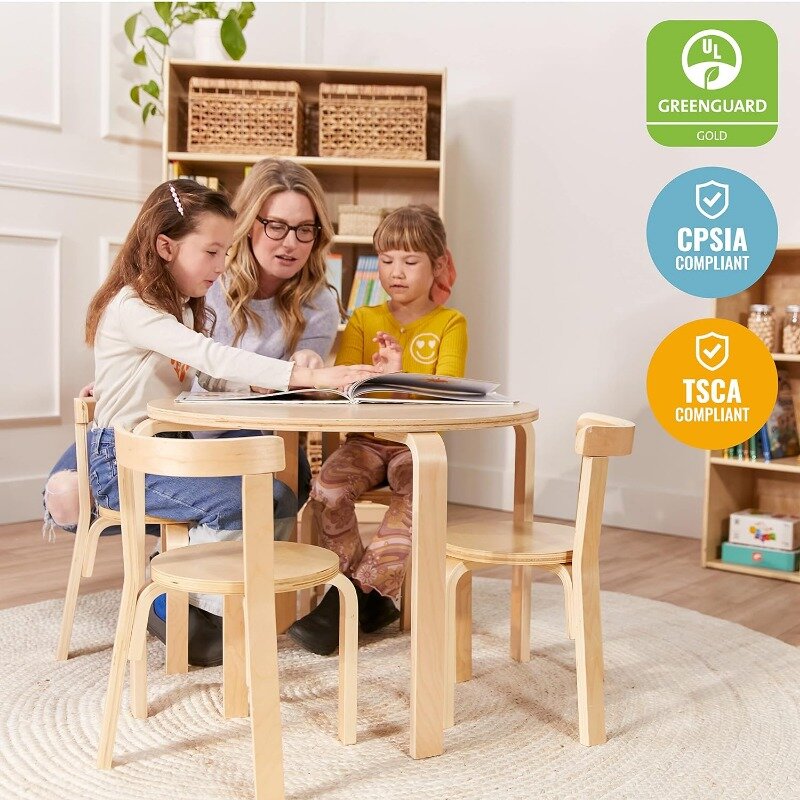 ECR4Kids tavolo rotondo in legno curvato e Set di sedie con schienale curvo, mobili per bambini, naturali, 5 pezzi