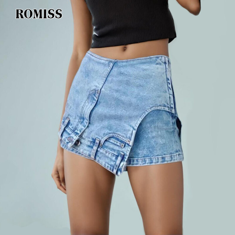 ROMISS Casual Mini Slimming Denim Shorts For Women High Waist Spliced Pockets Streetwear Short Trousers Female Fashion New