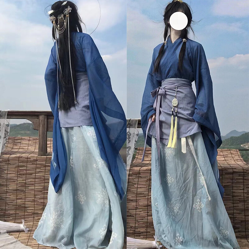 女性のための青いドレスのセット,改善された衣装,ニットの花柄のスカート,新しい中国風のドレス,漢服のコスプレコスチューム,4個