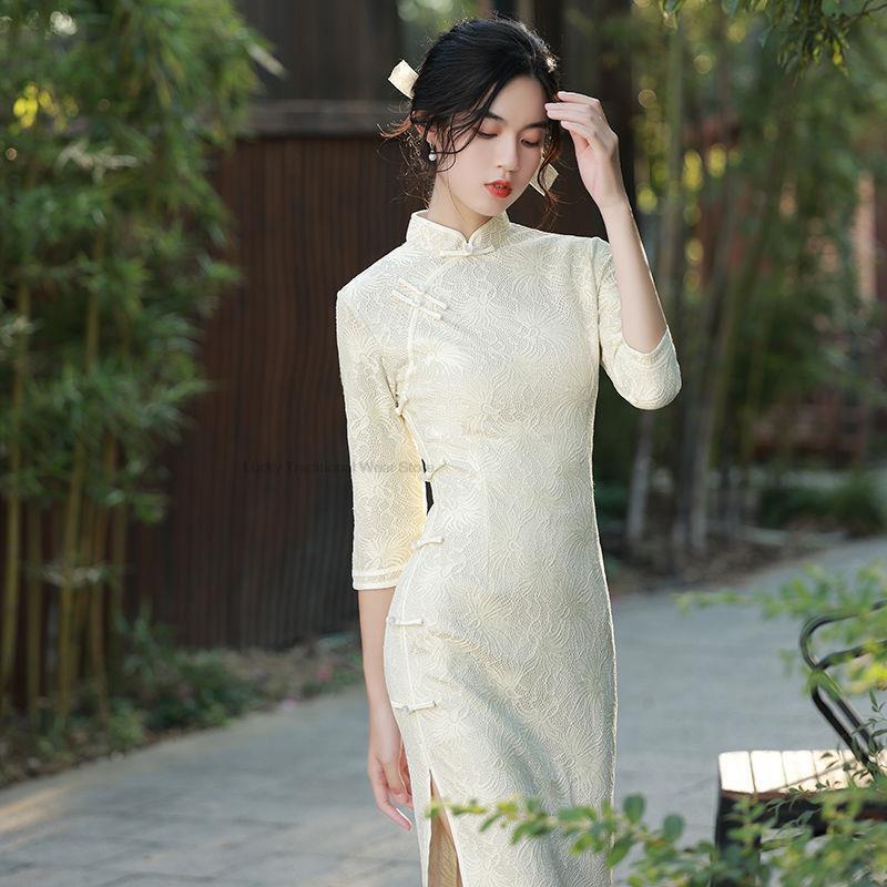 Robe fendue de style chinois pour femmes, Cheongsam, Costumes traditionnels, Qipao sexy, Élégant, Vintage, Champagne, Rian
