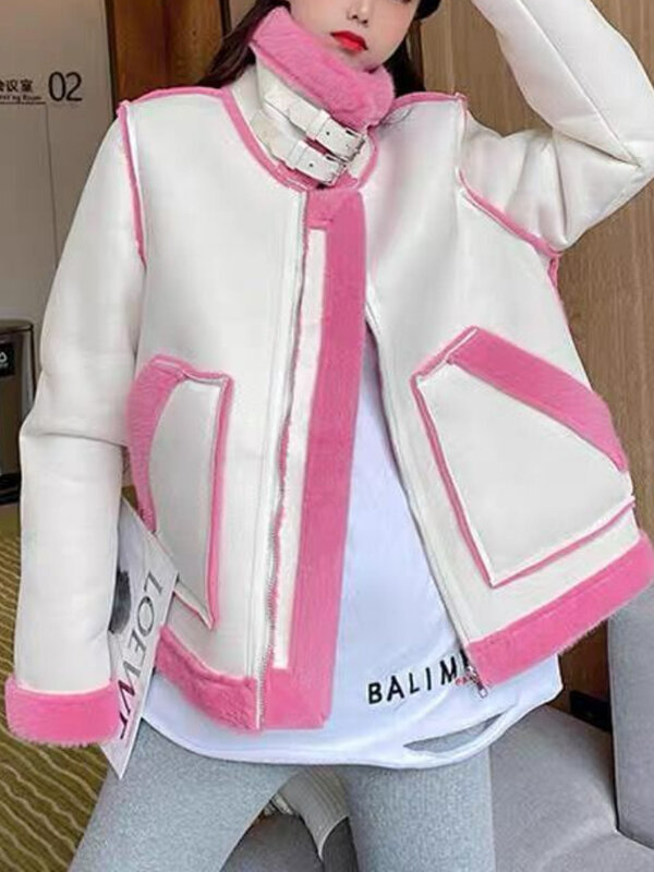 Casual Faux Pelz Leder Jacke Frauen 2022 Herbst Lose Warme Gespleißt High Street Moto Jacke Weiblichen Koreanischen Mode PU Chic mäntel