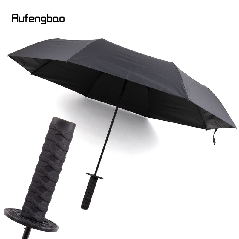 Guarda-chuva samurai preto para homens e mulheres, guarda-chuva automático, guarda-chuva dobrável, proteção uv, para dias ensolarados e chuvosos