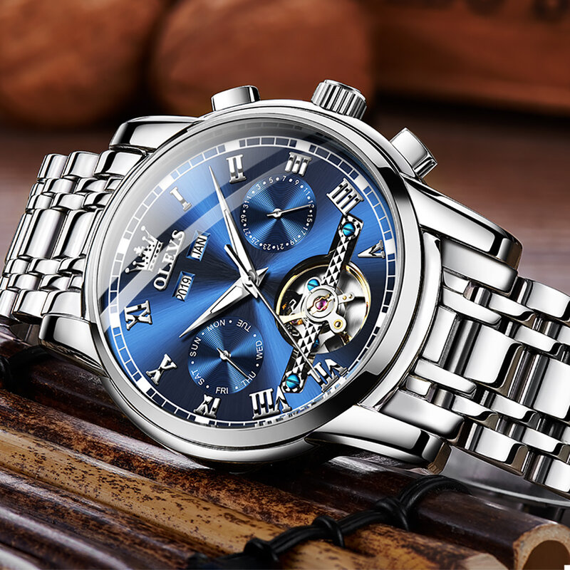OLEVS-Reloj de pulsera de acero inoxidable para hombre, accesorio masculino de pulsera resistente al agua con mecanismo automático de movimiento y calendario